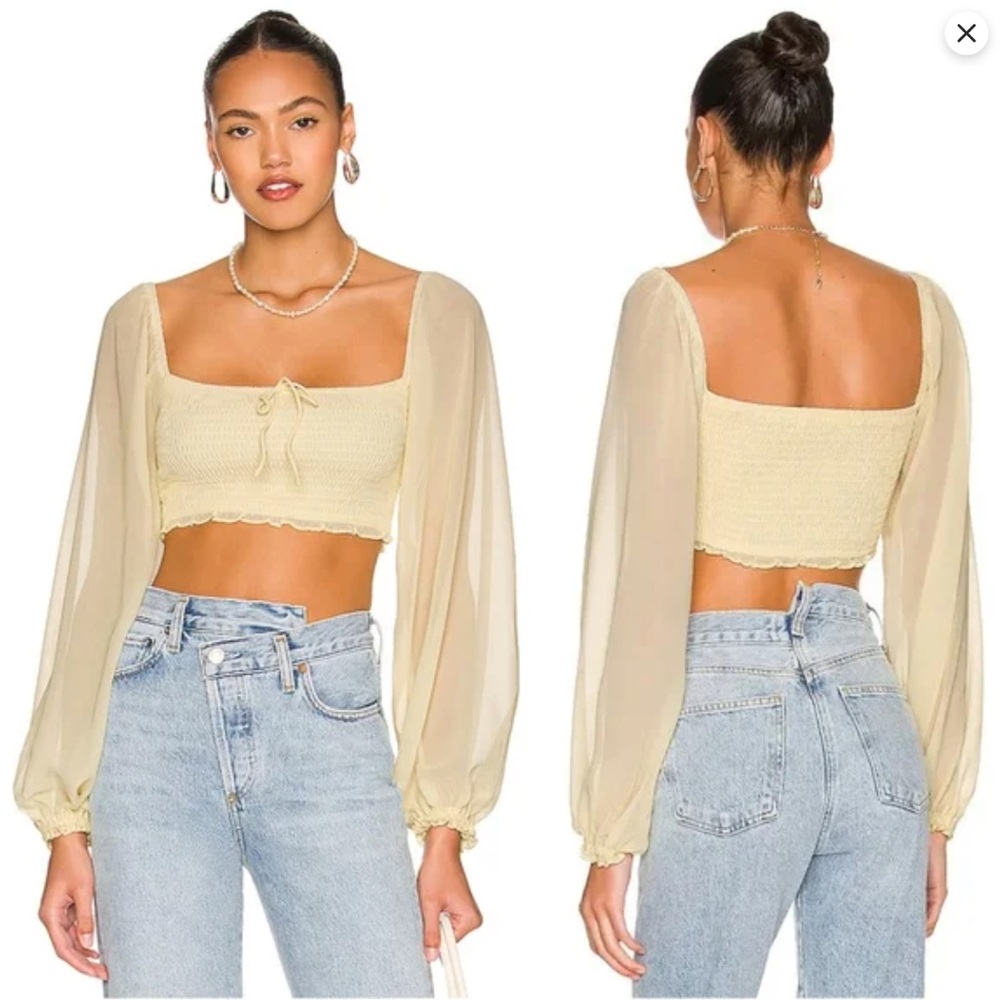 MORE TO COME WOMENS PAOLA SMOCKED CROP TOP, SIZE XS, YELLOW